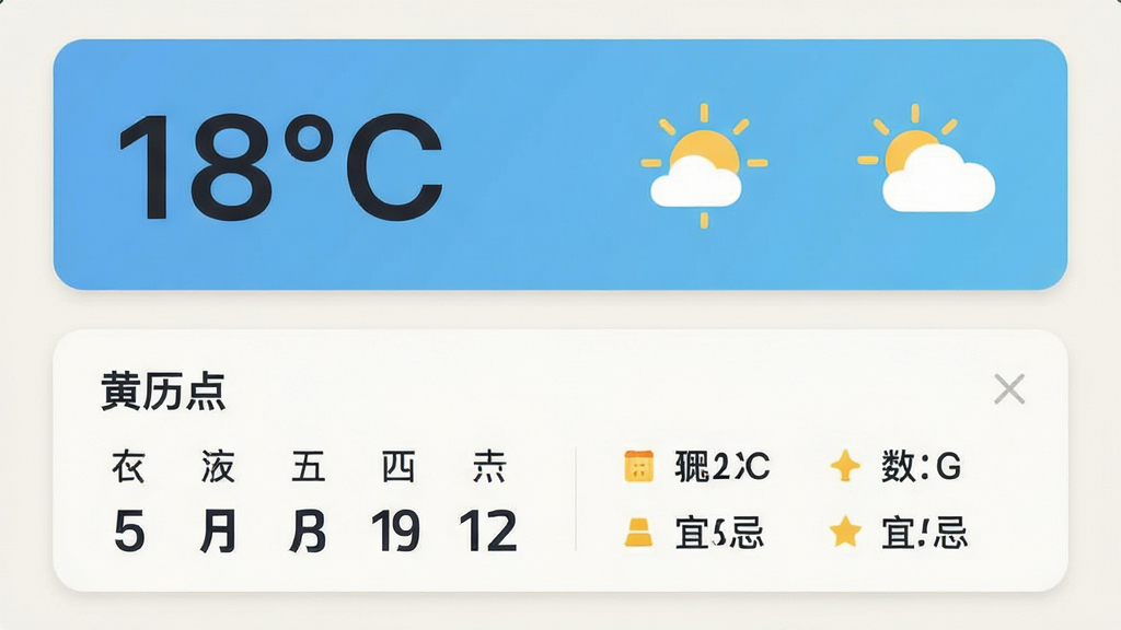 画面为清楚看大字软件首页布局示意图,上方是大号字体天气卡片显示温度与晴雨图标,下方是黄历卡片显示农历与宜忌文字,整体采用卡片式排版,浅色背景配深色文字,扁平化设计风格,细节清晰,画质干净,无多余装饰