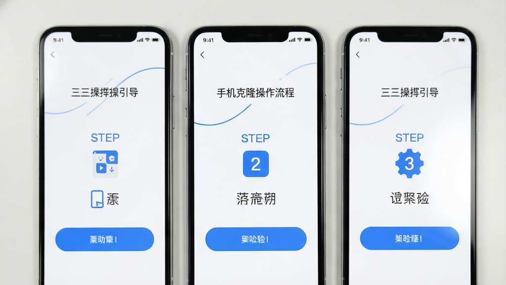 手机克隆零门槛操作流程展示,手机屏幕显示三步操作引导页面,大号按钮与简洁图标,白色背景搭配蓝色点缀,清新简约风格,画面干净