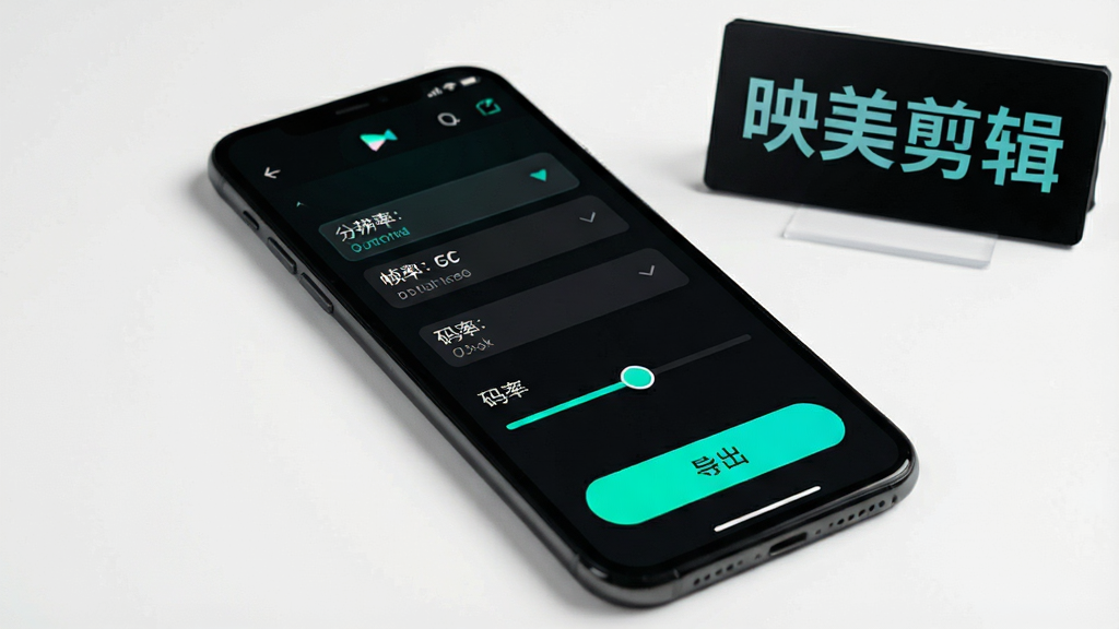 一张展示视频导出参数设置界面的图片,画面中手机屏幕显示分辨率选项、帧率选项、码率滑块和导出按钮,界面风格简洁现代,配色为深色背景配青绿色高亮,周围有“映美剪辑”字样的标识牌,布局清晰,画质干净,无多余元素