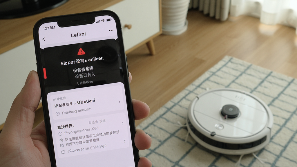 一张展示用户手持手机查看Lefant应用故障排查页面的特写图片,画面中手机屏幕显示设备离线提示与解决建议,背景是家居环境,旁边放置着扫地机器人,风格为写实教程风,细节清晰,画质干净,无多余元素