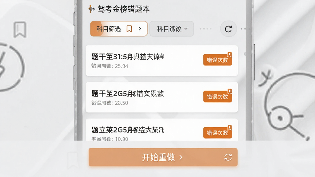 驾考金榜错题本页面,屏幕中央为错题列表,每条记录显示题干摘要与错误次数标签,顶部有科目筛选选项卡,底部为开始重做按钮,界面采用卡片式布局,浅灰底色搭配橙色错误标记,风格务实清晰,细节包含书签与刷新图标,画质干净,无多余装饰