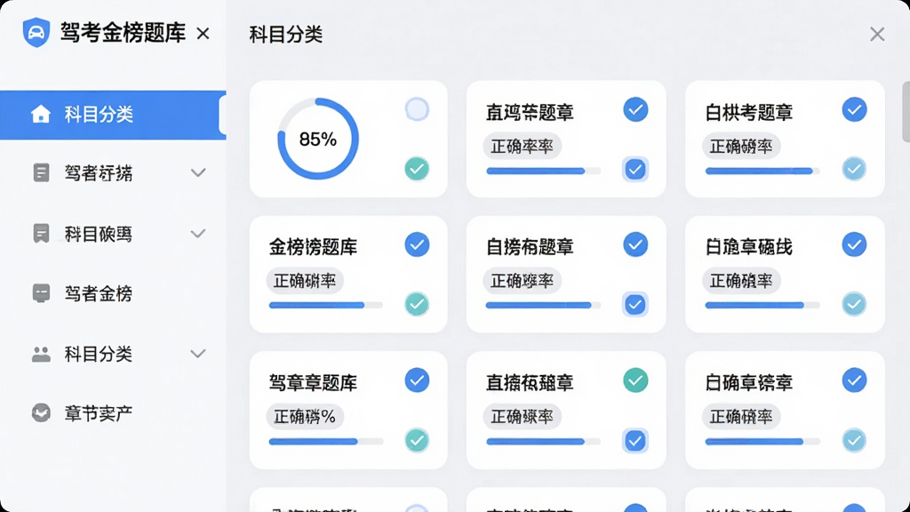 驾考金榜题库章节选择界面,左侧为科目分类导航栏,右侧为章节卡片列表,每张卡片显示章节名称与正确率百分比,界面采用浅色背景搭配蓝色高亮,风格简洁清爽,细节包含进度圆环与对勾图标,画质清晰干净,无杂乱元素