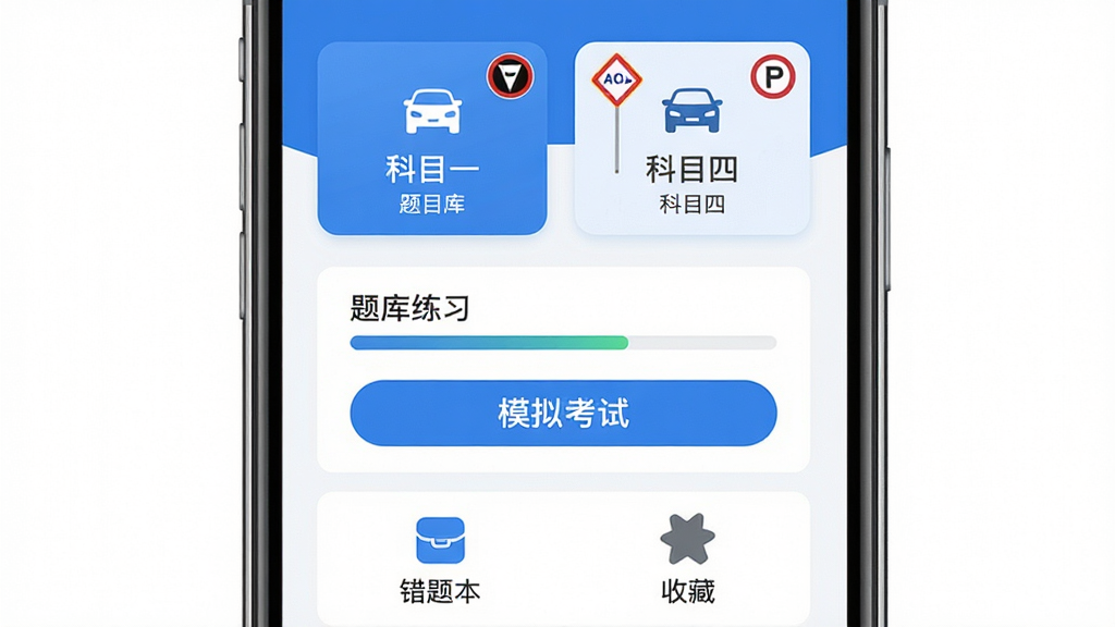 手机屏幕中央展示驾考金榜应用主界面,上方为科目一与科目四入口卡片,中部为题库练习进度条与模拟考试按钮,下方为错题本与收藏夹图标,整体采用蓝白配色,扁平化UI风格,界面布局清晰对称,细节包含交通标志小图标点缀,画质干净锐利,无多余装饰元素