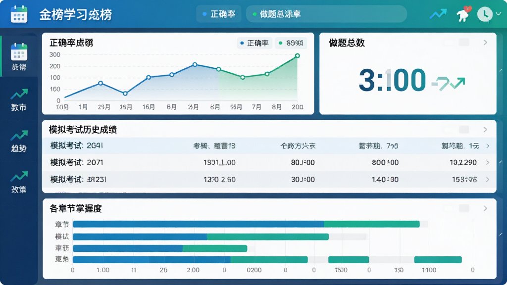驾考金榜学习统计面板,屏幕上方为正确率折线图与做题总数数字,中部为模拟考试历史成绩列表,下方为各章节掌握度条形图,界面采用数据可视化风格,蓝绿配色,布局规整,细节包含日历与趋势箭头图标,画质清晰锐利,无杂乱背景