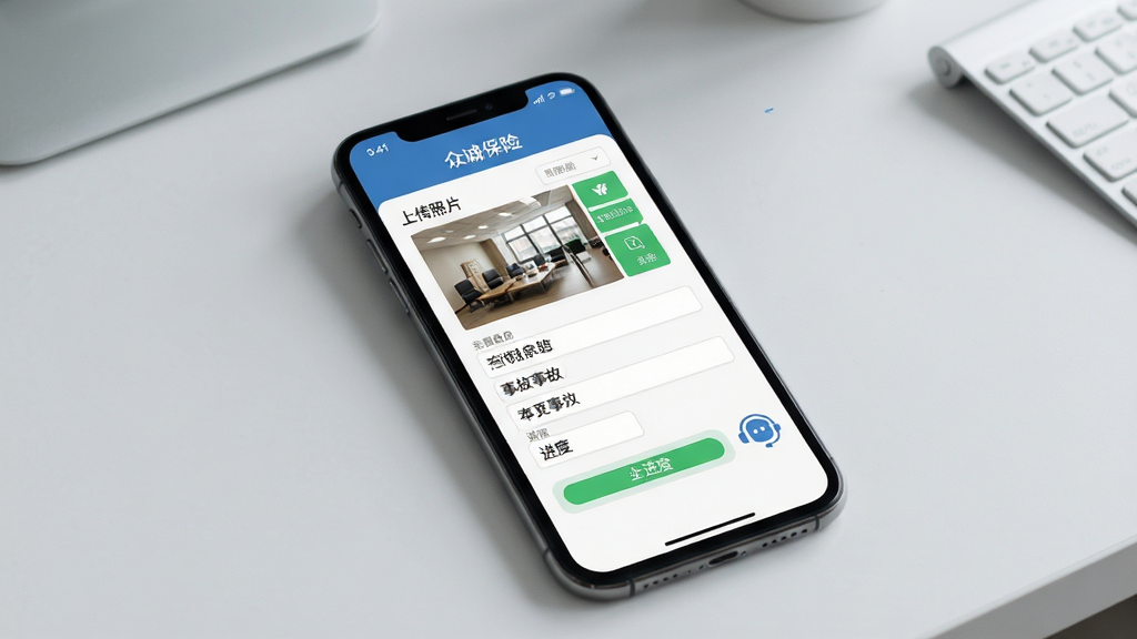 众诚保险APP理赔报案页面截图风格展示,手机界面显示上传照片与填写事故信息的表单,旁边有客服图标与进度条元素,背景为浅灰色办公桌面,风格简洁实用,布局清晰,画质干净