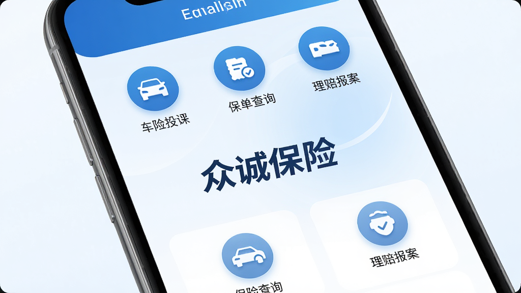 手机屏幕中展示众诚保险APP首页界面,蓝白色调,页面包含车险投保、保单查询、理赔报案等功能图标,背景为简洁的浅色渐变,画面中央有“众诚保险”文字标识,整体风格商务清爽,布局居中对称,细节清晰,画质干净无多余元素