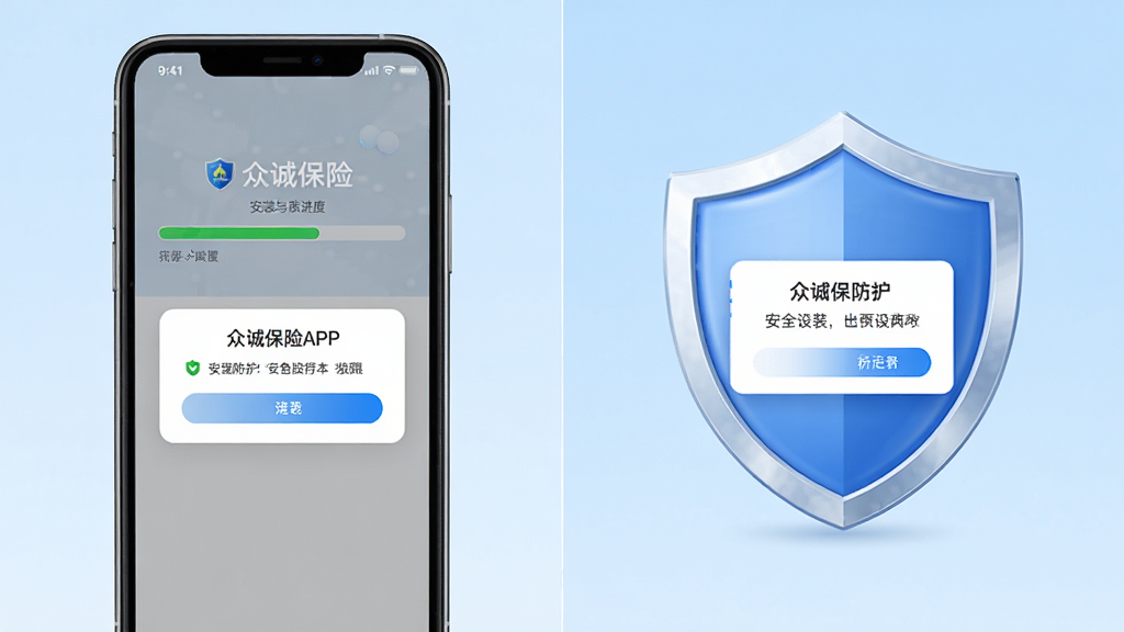 众诚保险APP安装与权限设置示意画面,手机屏幕显示安装进度条与权限弹窗,旁边放置盾牌图标象征安全防护,背景为浅蓝色渐变,风格简洁明快,布局左右分栏,画质干净清晰
