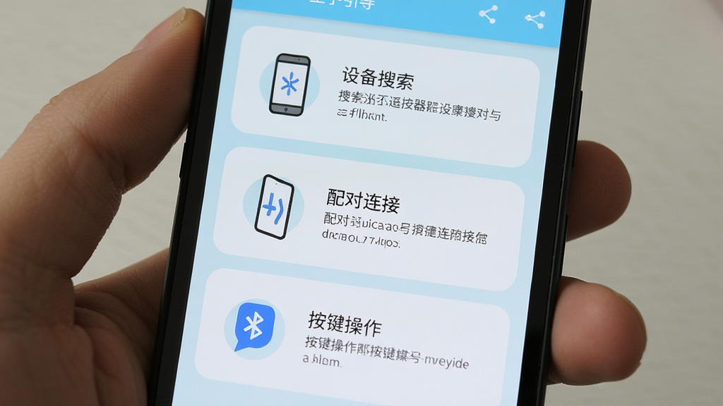 一部安卓手机屏幕显示蓝牙遥控器应用的上手引导页面,页面中包含设备搜索、配对连接、按键操作三个步骤的图文说明,界面风格清新浅色,布局从上到下排列,配有小图标辅助理解,画质高清,干净无多余元素