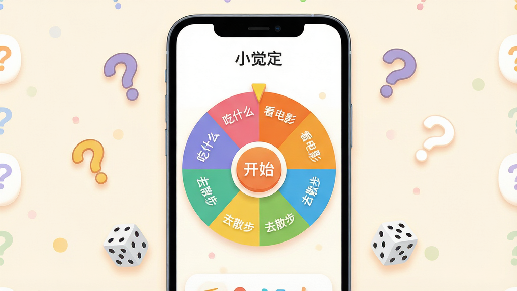 一张手机应用界面展示图,画面中央是一部竖屏手机,屏幕内显示“小觉定”转盘主界面,转盘分为多个彩色扇区,每个扇区写有“吃什么”“看电影”“去散步”等选项文字,转盘中心有一个醒目的“开始”按钮,手机周围散落着问号图标和骰子元素,整体布局居中对称,风格为清爽扁平化插画,细节包括浅色背景、圆角卡片、柔和阴影,画质清晰干净,无多余元素
