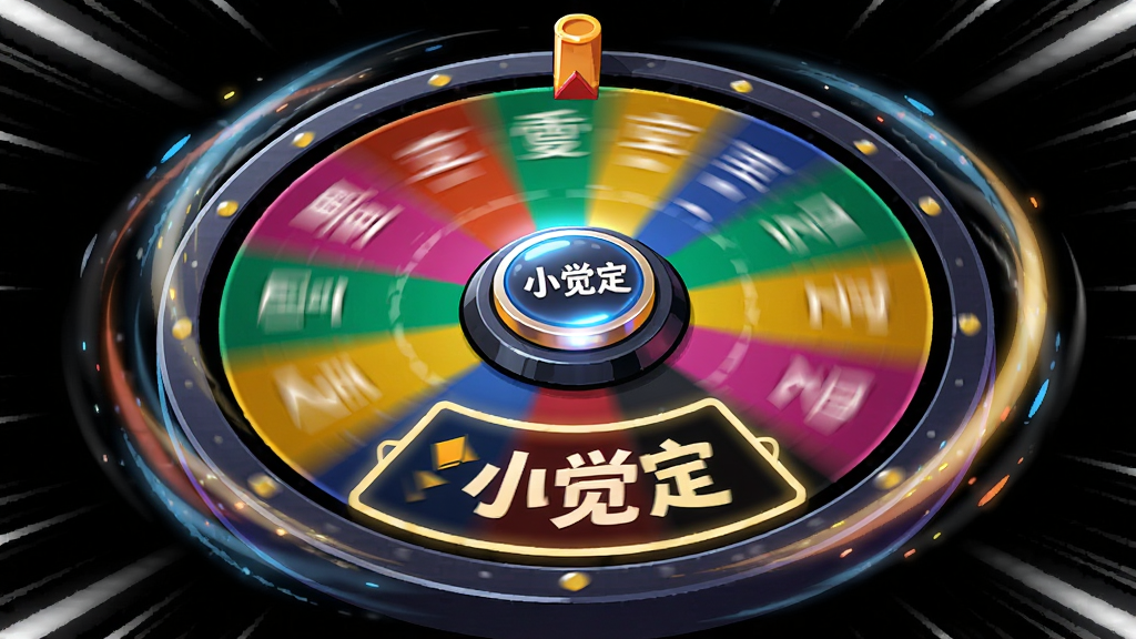 一张AI生图,画面主体是“小觉定”转盘正在旋转的动态瞬间,布局为转盘占据画面中心、四周有速度线和光效,排版突出旋转动感,风格为动感插画,细节包括彩色扇区模糊拖影、中心按钮发光、结果区域高亮,画质清晰,背景简洁,无多余元素
