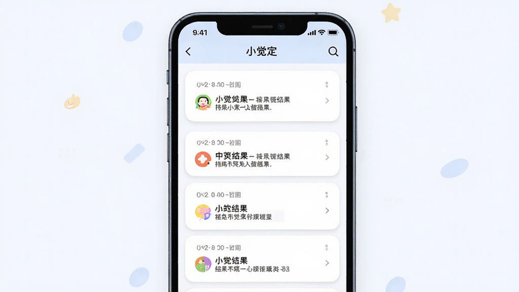 一张AI生图,主体是手机屏幕展示“小觉定”历史记录列表页面,布局为顶部标题栏、下方纵向排列多条记录卡片,排版整齐清晰,风格为简约卡片式UI插画,细节包括时间戳、结果文字、彩色小图标,画质干净清晰,背景浅色,无多余元素