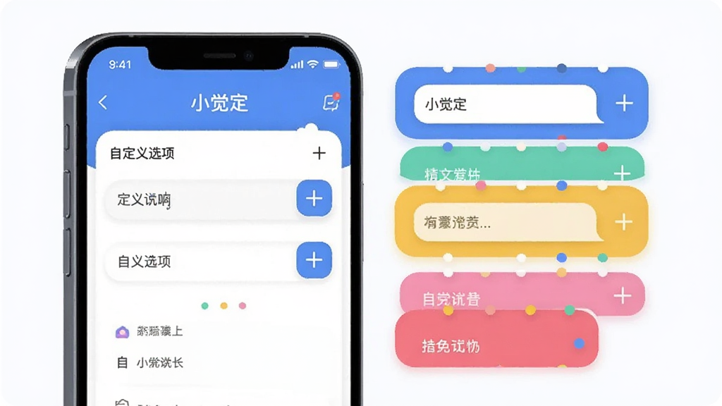一张AI生图,主体是一部手机屏幕显示“小觉定”应用的自定义选项编辑界面,布局为左侧手机、右侧悬浮出多个彩色选项标签,排版采用上下分层结构,风格为现代扁平插画,细节包括选项输入框、加号按钮、彩色圆点标记,画质清晰锐利,背景干净,无多余元素