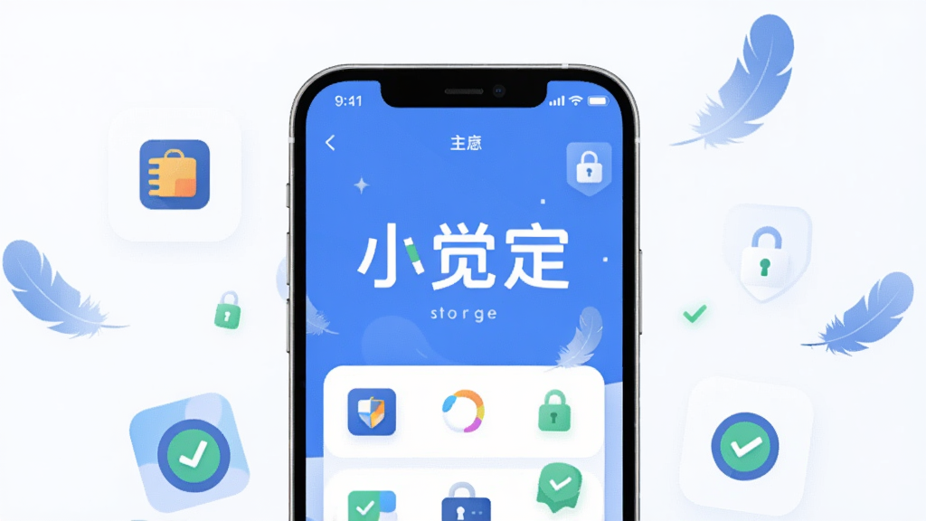 一张AI生图,主体是一部手机屏幕显示“小觉定”主界面,布局为手机居中、周围漂浮着存储空间图标和权限锁图标,排版简洁,风格为科技感扁平插画,细节包括轻量羽毛元素、盾牌图标、绿色对勾,画质清晰,背景干净,无多余元素