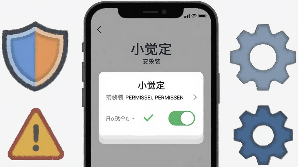 一张AI生图,主体是一部手机展示“小觉定”安装权限提示界面,布局为手机屏幕居中、旁边有盾牌和齿轮图标,排版简洁明了,风格为说明性扁平插画,细节包括权限开关、绿色对勾、警告三角图标,画质清晰,背景浅灰,无多余元素