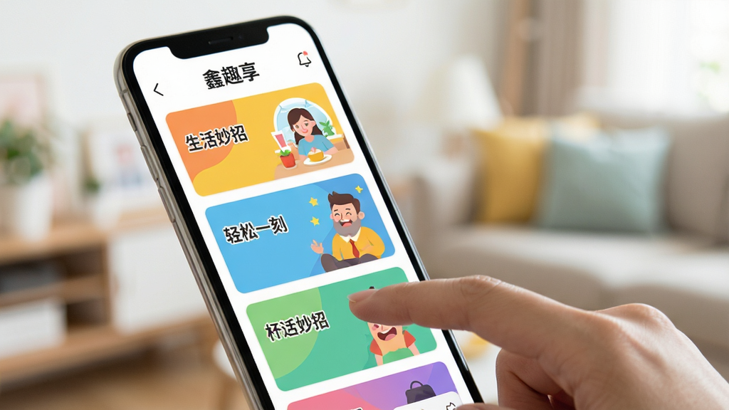 一张表现“鑫趣享”趣味内容浏览功能的场景图,画面为手机屏幕特写,屏幕中展示多张彩色内容卡片纵向排列,卡片上有“生活妙招”“轻松一刻”等标签文字,一只手正滑动屏幕,背景为柔和虚化的室内环境,风格清新明快,细节清晰,画质干净无杂乱元素