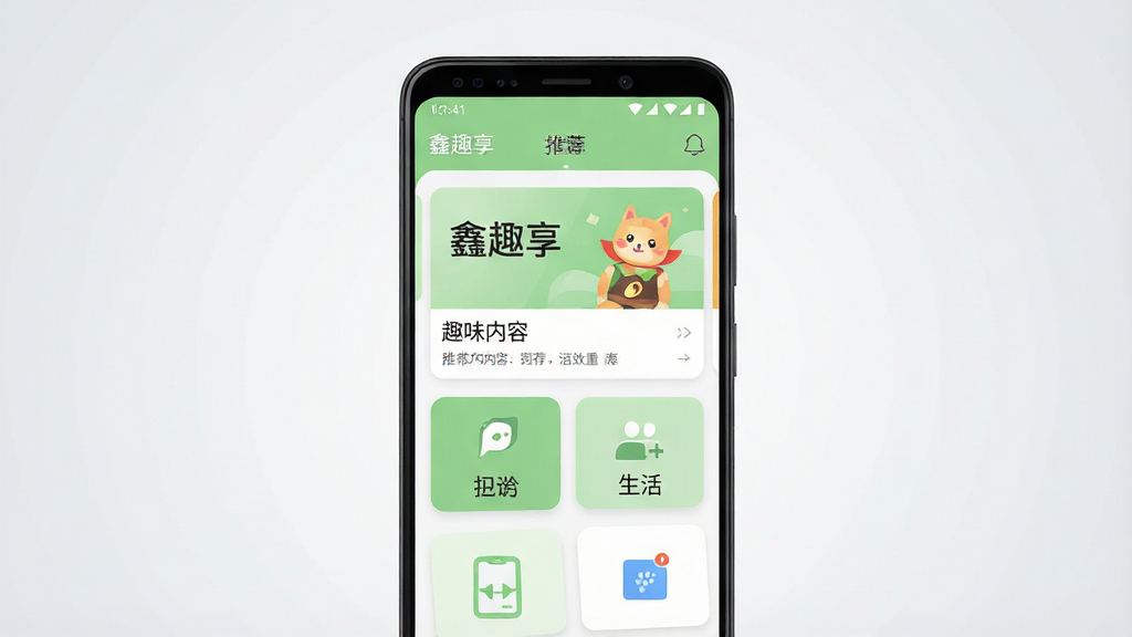 一张展示“鑫趣享”手机应用主界面的效果图,画面中央是一部竖屏安卓手机,屏幕内呈现清爽的卡片式布局,顶部有“鑫趣享”应用名称,中部为趣味内容推荐区与生活工具入口图标,整体配色以浅绿和白色为主,背景为简洁的浅灰渐变,风格现代扁平化,细节清晰,画质干净锐利,无多余装饰元素