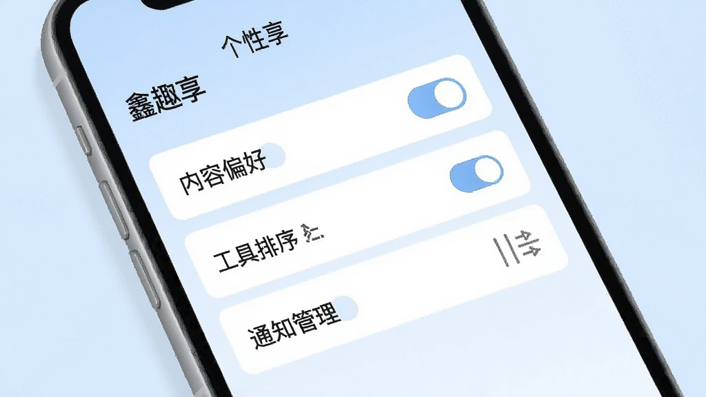 一张展示“鑫趣享”个性化设置界面的示意图,手机屏幕显示设置列表,包含“内容偏好”“工具排序”“通知管理”等选项,旁边配有简洁的开关与拖拽图标,画面采用柔和的浅蓝色调,布局规整,风格简约现代,画质清晰干净