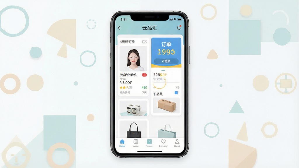 一张展示云品汇手机应用主界面的场景图,画面中央是一部竖屏智能手机,屏幕内呈现云品汇应用首页,包含商品卡片、订单入口与底部导航栏,手机周围以浅色几何图形点缀,布局居中对称,风格为清爽扁平化UI展示,细节上突出图标与文字排版,画质清晰干净,无多余元素