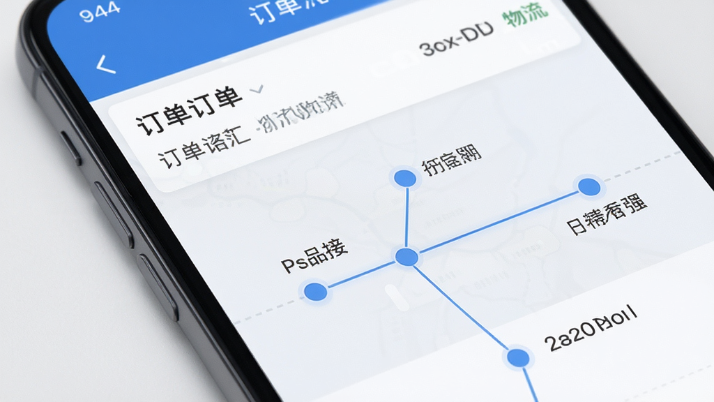 云品汇应用内订单与物流追踪界面特写,画面为手机屏幕局部放大,展示订单列表与物流时间轴,时间轴节点用圆点与连线表示,背景为浅灰白色,风格简洁商务,细节清晰,画质干净,无杂乱装饰