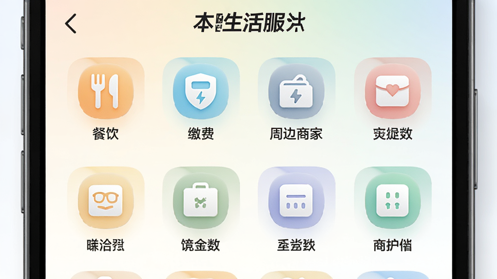 云品汇本地生活服务入口界面示意图,手机屏幕内展示分类图标网格,包含餐饮、缴费、周边商家等入口,图标排列整齐,背景为柔和浅色渐变,风格清新明快,细节上突出图标与文字对齐,画质清晰干净