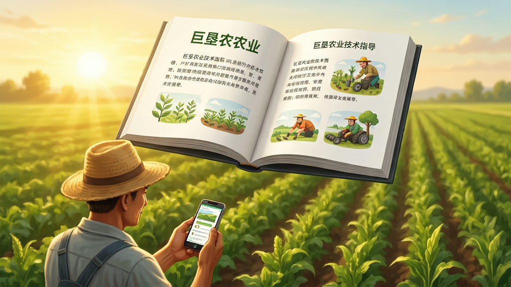 画面主体为一本打开的电子手册悬浮在农田上空,手册页面显示“巨垦农业”技术指导文章与插图,农田中有一位农民手持手机查看,布局为手册位于画面上方中央,农民位于下方偏左,排版形成上下呼应,风格为温暖写实插画风,细节包括金色阳光、绿色作物、手册页面文字排版,画质高清、干净、无多余元素