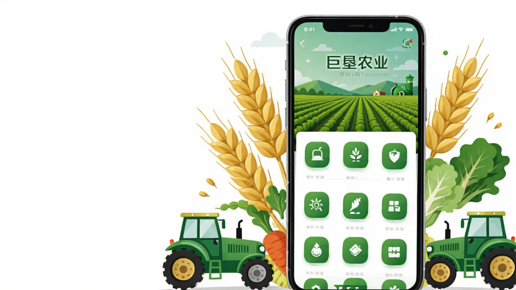 画面主体为一部竖屏智能手机,屏幕中央显示“巨垦农业”应用主界面,界面包含绿色农田背景图与功能图标网格,手机周围环绕麦穗、蔬菜、拖拉机等农业元素插画,布局采用居中构图,手机位于画面中央偏右,左侧留白放置农业元素,排版清晰有序,风格为扁平化现代科技插画风,细节包括绿色主色调、金色点缀、简洁图标线条,画质高清、干净、无多余元素