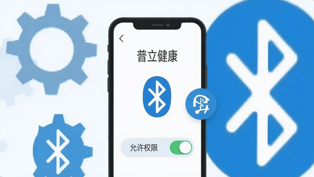 手机屏幕显示“普立健康”蓝牙配对界面,旁边有蓝牙图标与权限设置开关示意,布局为手机居中、周围环绕齿轮与蓝牙符号,风格为扁平化信息图风,细节包括文字“允许权限”清晰可见、背景浅色,画质干净无杂乱
