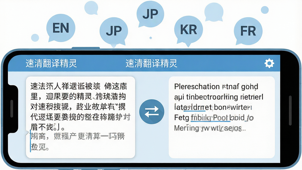 画面主体为一部横放的安卓手机,屏幕显示「速清翻译精灵」文本翻译界面,左侧输入框内是中文段落,右侧输出框内是对应的英文译文,中间有一个双向箭头图标;手机上方漂浮多个语言缩写气泡如EN、JP、KR、FR;整体为清爽的浅色系扁平插画风格,排版居中对称,细节干净,高清画质,无杂乱装饰元素