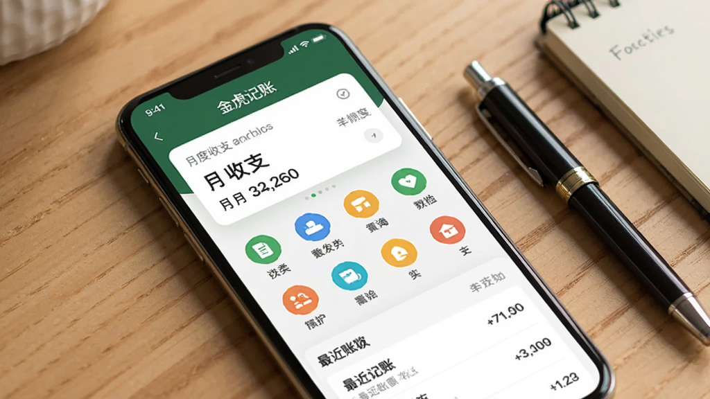 手机屏幕中央展示金虎记账应用主界面,界面为浅色背景配深绿色顶部栏,屏幕上方显示月度收支总览卡片,中部为分类图标网格排列,下方为最近账目列表,手机平放在木质桌面上,旁边有一支笔和一本小记事本,整体风格清新简洁,光线柔和自然,画质清晰,干净无多余元素
