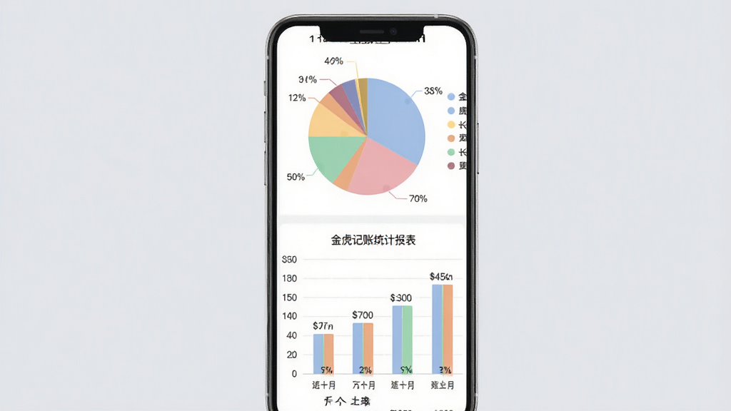 金虎记账统计报表页面,屏幕上半部分为彩色饼图展示各分类支出占比,下半部分为柱状图对比近六个月收支变化,图表配色柔和,数据标签清晰可见,手机竖屏显示,背景为浅灰色,整体风格商务简洁,画质锐利,干净无杂乱元素