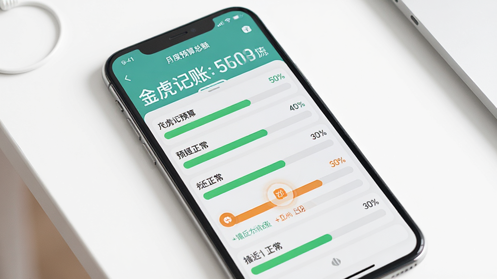 金虎记账预算设置界面,屏幕显示多个分类预算进度条,部分进度条为绿色表示正常,一条为橙色表示接近上限,界面顶部有月度预算总额显示,配色清新,布局整齐,手机正面视角,背景为纯白色桌面,风格简约现代,画质清晰干净