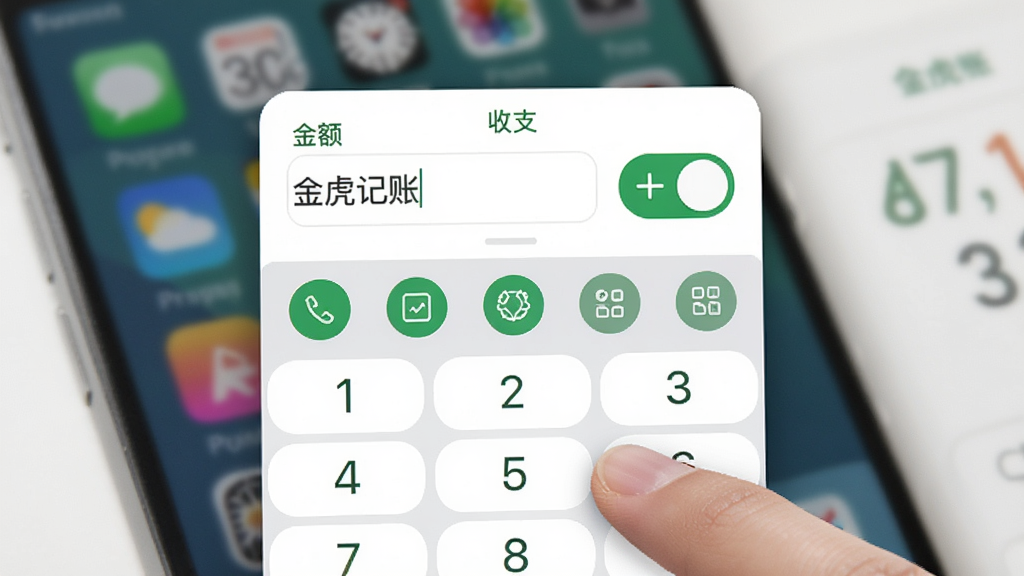 金虎记账应用内快捷记账弹窗界面,弹窗中数字键盘占据下半屏,上方显示金额输入框与收支切换按钮,分类图标以圆形排列在键盘上方,界面配色为白底绿字,手指正点击数字按键,背景虚化为手机桌面,风格写实清晰,画质干净,无多余装饰元素