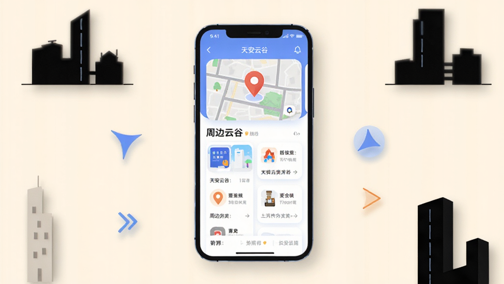 画面主体为一款手机屏幕中展示天安云谷附近应用界面,界面包含地图定位图标与周边分类列表,布局为手机居中放置于浅色桌面,周围点缀简约建筑剪影与导航箭头元素,排版采用上下分层结构,风格为清新扁平化科技插画,细节包含柔和阴影与圆角卡片,画质高清干净无多余元素