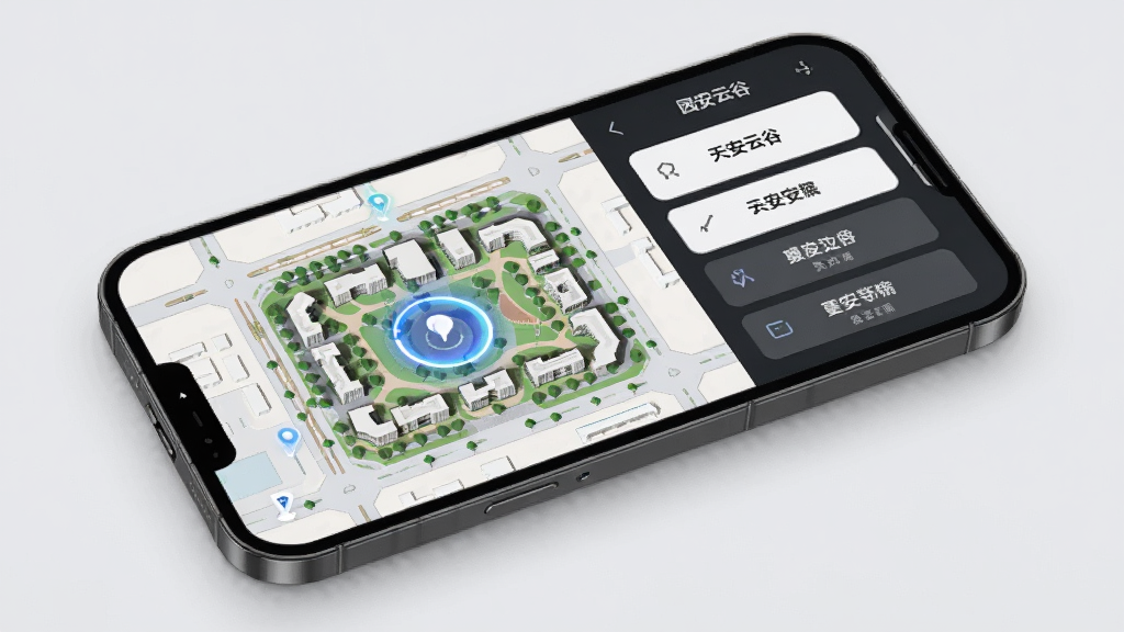 天安云谷附近应用界面展示园区精准定位功能,主体为手机屏幕内园区微缩地图与高亮定位光圈,布局为手机斜放于浅灰背景,排版左侧地图右侧功能按钮列表,风格为现代简约UI展示图,细节包含道路线条与建筑块面,画质清晰干净无多余元素