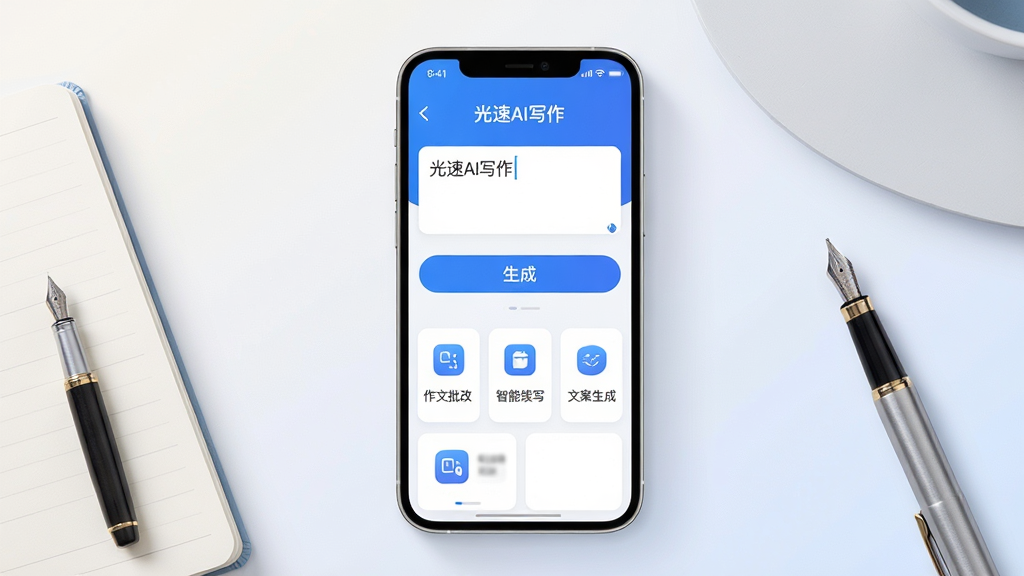 画面主体是一部智能手机置于桌面中央,屏幕显示光速AI写作软件主界面,上方有输入框与生成按钮,下方排列作文批改、智能续写、文案生成等功能卡片;布局采用居中对称构图,手机两侧散落笔记本与钢笔作为点缀;排版突出屏幕内容,背景为浅色渐变;风格为现代简约科技风,色彩以蓝白为主;细节上屏幕内文字清晰可见“光速AI写作”字样,图标圆润精致;画质高清,画面干净,无多余元素