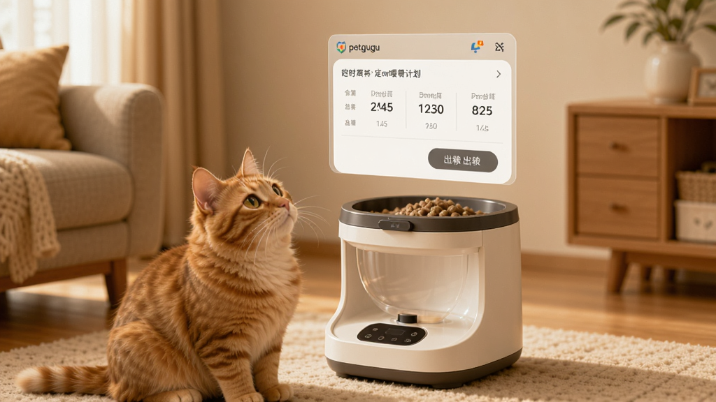 一只橘猫坐在智能喂食器旁抬头张望,喂食器上方悬浮半透明的petgugu应用界面,显示定时喂食计划表和出粮按钮,背景是温馨的客厅一角,暖色调光线,构图以喂食器和猫为视觉中心,风格写实温暖,细节清晰,画质干净,无多余元素