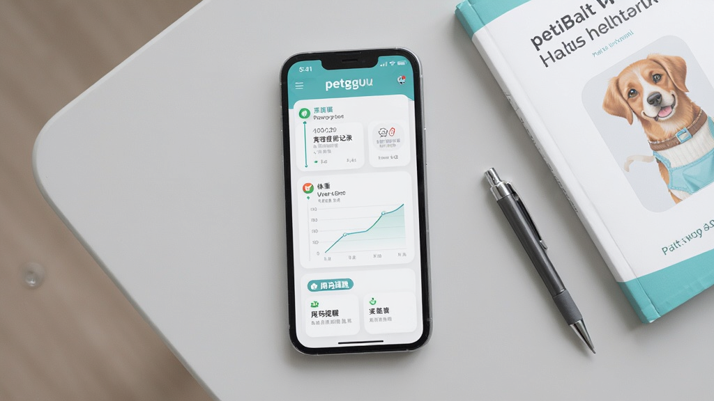 手机屏幕展示petgugu健康档案页面,页面中有宠物疫苗记录时间轴、体重曲线图和用药提醒卡片,手机平放在浅灰色桌面上,旁边放着一本宠物健康手册和一支笔,正面俯拍构图,风格简约现代,细节清楚,画质明亮干净,无多余元素
