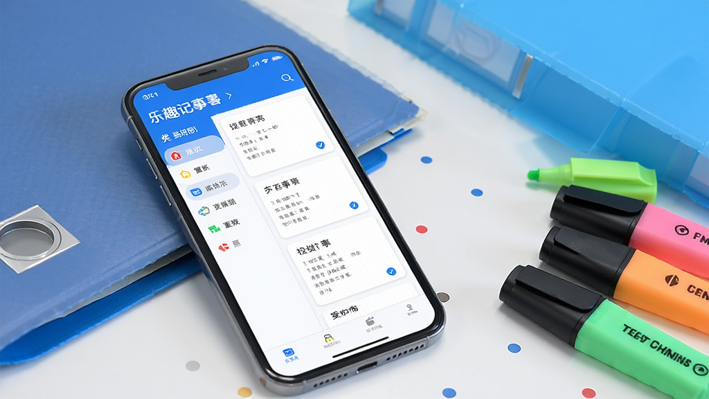 手机屏幕展示乐趣记事本的分类管理界面,左侧为分类标签列表,右侧为对应笔记卡片,界面采用蓝白配色,布局清晰,旁边放着一个文件夹和几支彩色荧光笔,风格为现代办公场景,画质明亮干净