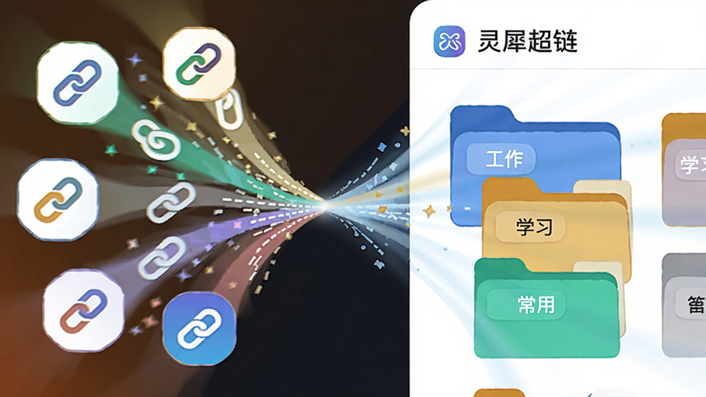画面左侧展示多个来源的链接图标向中央汇聚,右侧为「灵犀超链」应用内的分类文件夹界面,文件夹标签上写有