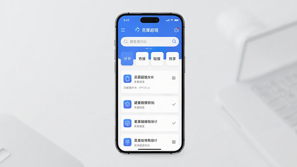 画面中央展示一部智能手机,屏幕内呈现「灵犀超链」应用主界面,界面采用卡片式布局,上方为搜索栏,中部为分类标签栏,下方为链接列表区域,整体配色以蓝白为主,风格简洁清爽,细节上突出图标与文字层次,画质清晰,干净无多余元素