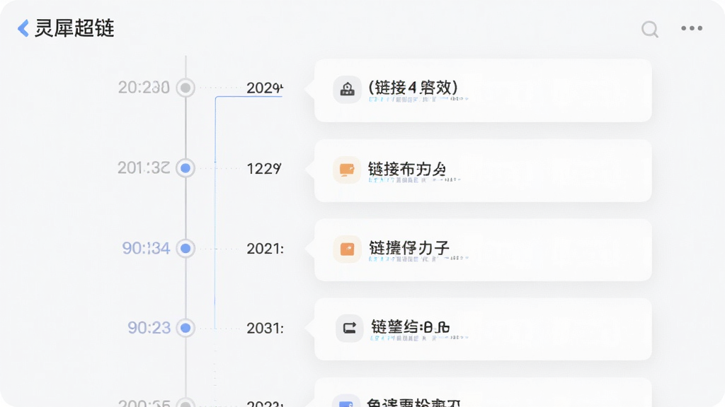 画面展示「灵犀超链」应用的历史记录页面,左侧为时间轴刻度,右侧为按日期分组的链接记录卡片,卡片上带有小图标与标题文字,整体采用浅色背景与柔和阴影,风格简约现代,布局清晰有序,细节突出时间轴与卡片对应关系,画质清晰,干净无多余元素