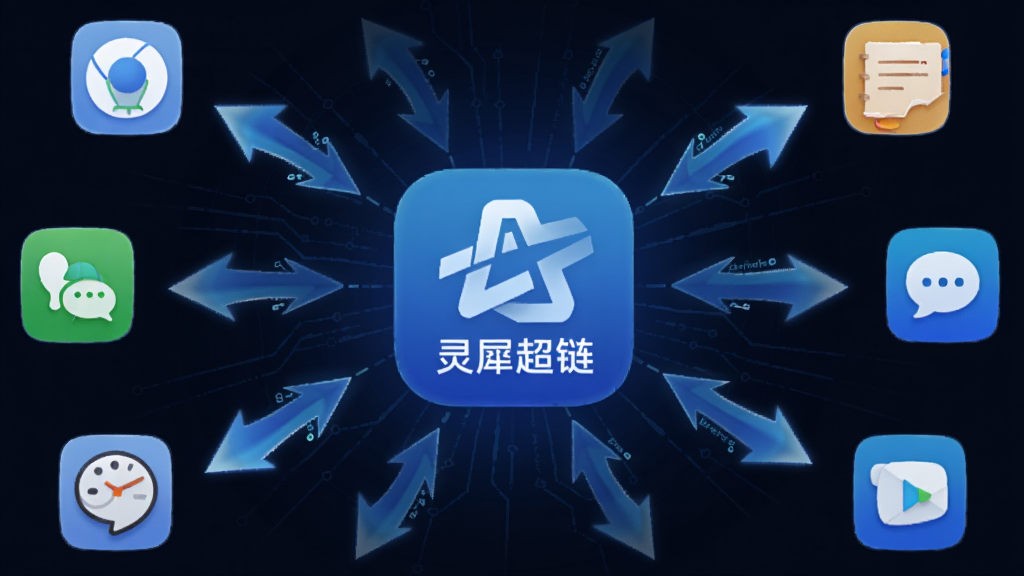 画面中央为「灵犀超链」应用图标,周围环绕多个快捷跳转箭头指向不同应用场景图标,如浏览器、社交软件、笔记工具等,整体采用科技感线条风格,配色以蓝色渐变为主,布局呈放射状,细节突出箭头流动感,画质清晰,干净无多余元素