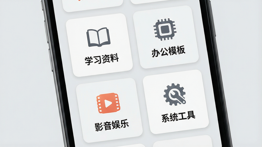 一张资源大师分类导航界面展示图,画面为手机屏幕特写,屏幕上显示网格状分类卡片,每张卡片包含一个图标和文字标签,如学习资料、办公模板、影音娱乐、系统工具,卡片排列整齐,背景为浅灰色,风格为清爽卡片式设计,细节包括图标简约、间距均匀、文字清晰,画质高清,画面干净,无多余元素
