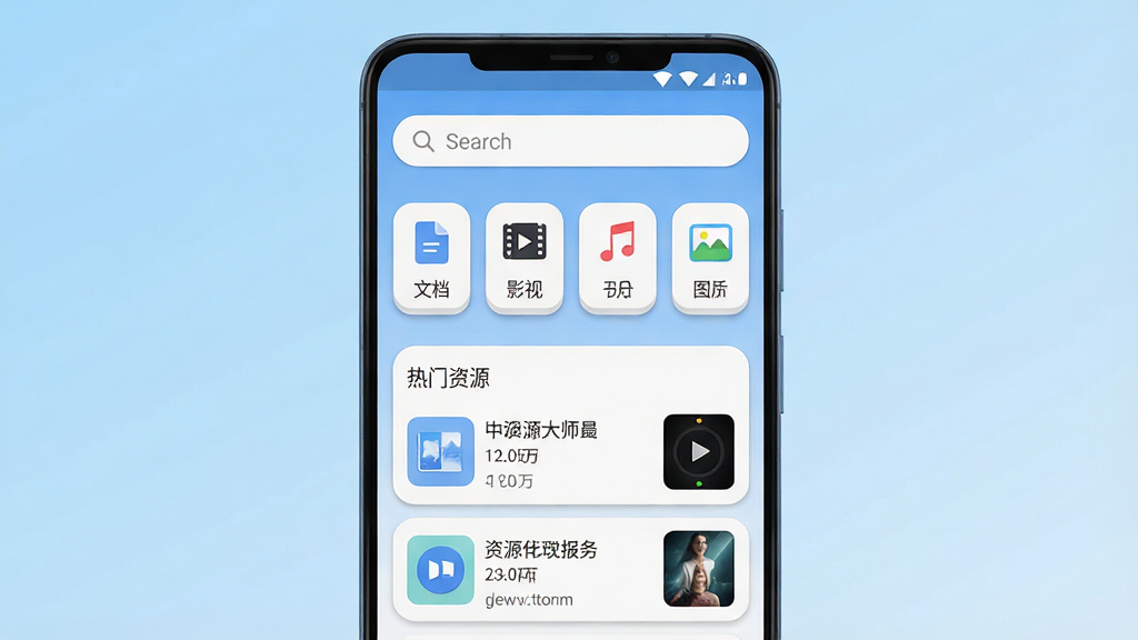 一张手机应用界面展示图,画面中央是一部竖屏安卓手机,手机屏幕上显示资源大师应用首页,顶部为搜索框,中部为文档、影视、音乐、图片四个分类图标横向排列,下方为热门资源列表,背景为浅蓝色渐变,整体布局简洁清晰,风格为现代扁平化UI设计,细节包括圆角卡片、柔和阴影、图标线条统一,画质高清,画面干净,无多余元素