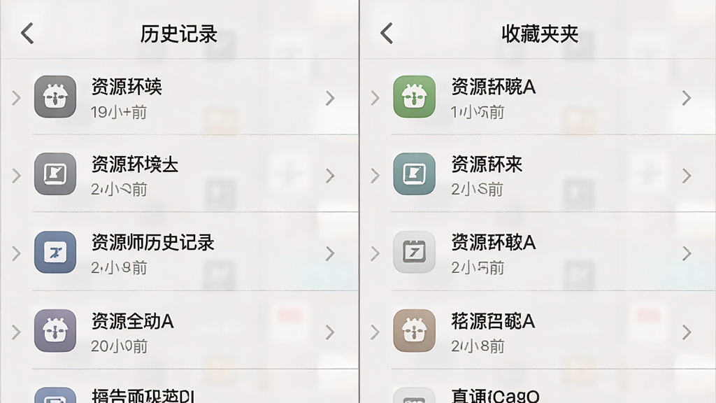 一张资源大师历史记录与收藏夹功能展示图,画面为手机屏幕,屏幕左侧为历史记录列表,右侧为收藏夹列表,两个列表并排展示,每条记录包含图标、标题和时间,背景为浅色,风格为双栏对比式布局,细节包括分割线细腻、图标统一、文字对齐,画质高清,画面干净,无多余元素