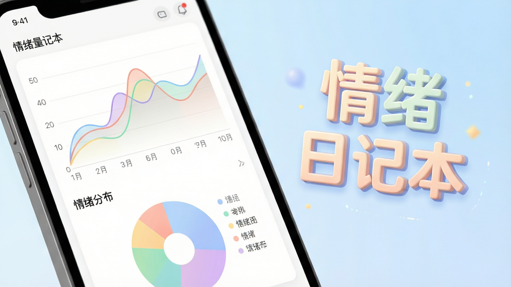 情绪日记本情绪量化界面特写,手机屏幕显示彩色折线图与情绪分布饼图,图表色彩柔和,数据标签清晰可见,画面右侧有飘浮的“情绪日记本”立体字样,背景为淡蓝色渐变,风格科技感与温馨感并存,排版简洁,画质细腻,干净无多余元素
