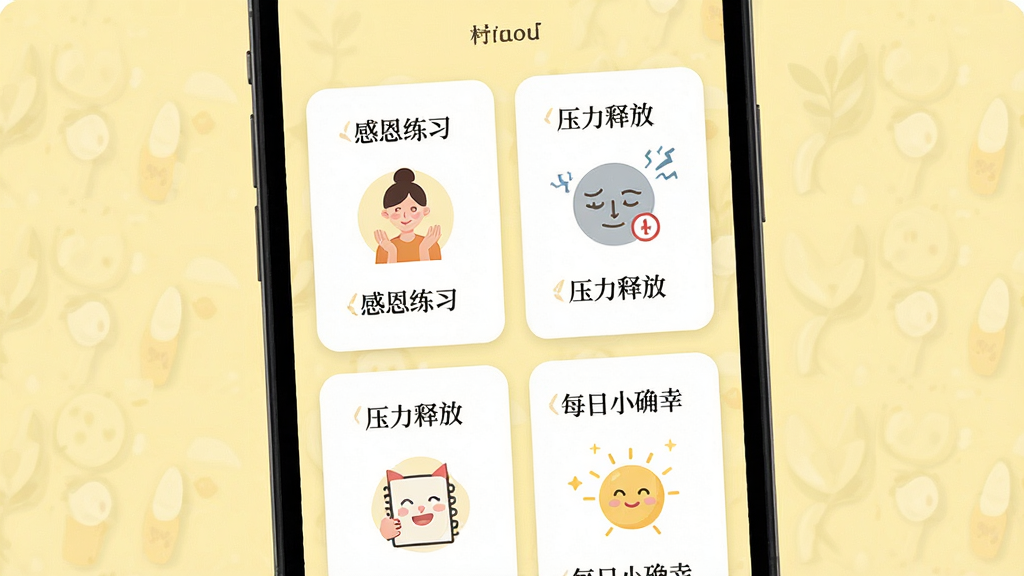 情绪日记本模板选择界面,手机屏幕展示多个卡片式模板列表,卡片上有“感恩练习”“压力释放”“每日小确幸”等文字标签,每张卡片配有简约的扁平插画图标,背景为柔和的淡黄色,排版整齐,风格温馨,细节精致,画质清晰,干净无多余元素