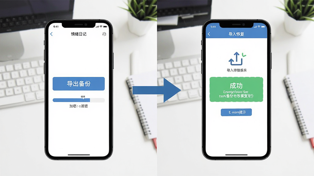 情绪日记本数据备份与恢复操作流程图,画面分为左右两部分,左侧手机屏幕显示“导出备份”按钮与加密进度条,右侧手机屏幕显示“导入恢复”界面与成功提示,中间有箭头连接,背景为简洁的白色办公桌,风格扁平化信息图,排版清晰,画质干净,无多余元素