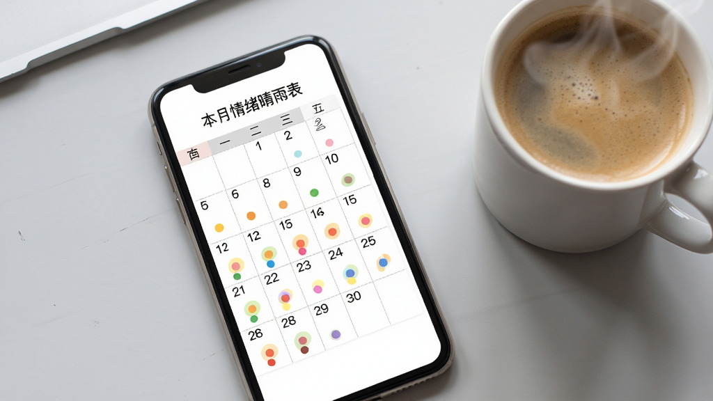 情绪日记本心情日历视图,手机屏幕显示月历网格,每个日期下方有彩色小圆点标记,屏幕上方有“本月情绪晴雨表”文字标题,背景为浅灰色桌面,旁边有一杯冒热气的咖啡,风格生活化,排版清晰,画质细腻,干净无多余元素