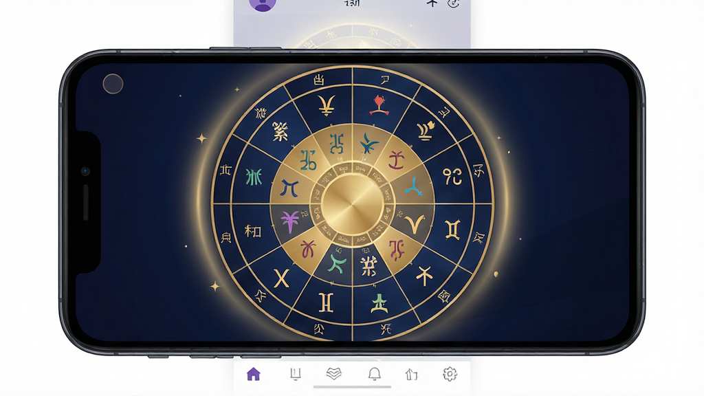 手机屏幕中央展示紫微斗数十二宫格命盘界面,盘面以深蓝与金色为主色调,星曜名称排列整齐,四周环绕柔和光晕,背景为简洁的深色渐变,画面风格为现代扁平化UI设计,细节清晰,画质干净锐利,无多余装饰元素